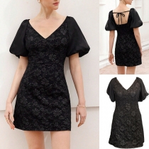 Elegant V-Neck Design and Stylish Puff Sleeves Dress