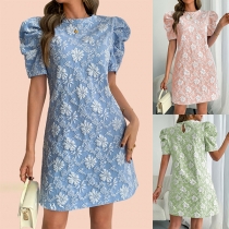 Fashion Crew Neck Puff Short Sleeve Floral Jacquard Mini Dress
