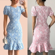 Elegant Floral Jacquard Crew Neck Short Sleeve Ruffle Hemline Bodycon Dress