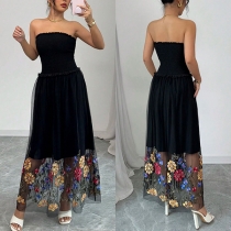 Fashion Strapless High-rise Floral Embroidered Gauze Spliced Maxi Dress