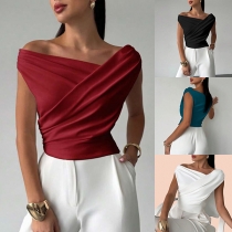 Fashion Solid Color Irregular Neckline Shirt