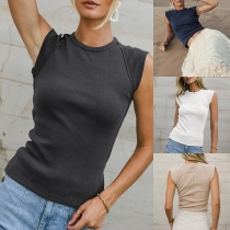 Casual Solid Color Crew Neck Sleeveless Ribbed Shirt