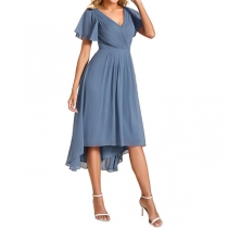 Fashion Solid Color Pleated V-neck Short Sleeve Irregular Hemline Chiffon Dress