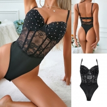 Sexy Rhinestone V-neck Lace Spliced Lingerie Bodysuit