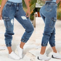 Street Fashion High-rise Distressed Side Patch Pockets Denim Pants