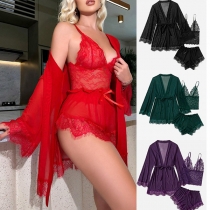 Comfy Lace Spliced Three-piece Nightwear Set Consist of Robe, Brassie and Shorts