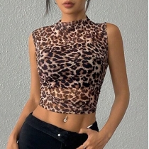 Fashion Draped Crew Neck Sleeveless Leopard Printed Shirt