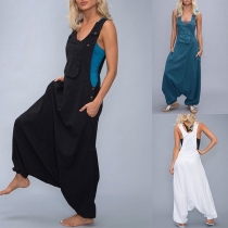 Street Fashion Crew Neck Side Pockets Suspender Harem Jumpsuit