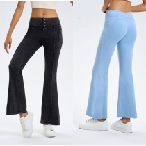 Fashion Solid Color Front Button Mid-rise Flare Denim Yoga Pants