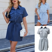 Fashion Stand Collar Short Sleeve Elastic Waist Denim Dress