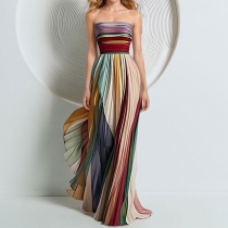 Vintage Colorful Stripe Strapless Pleated Maxi Dress（size runs small,Consider sizing up for best comfort）