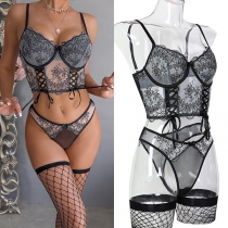Fashion Floral Embroidered Lace-up Three-piece Lingerie Set