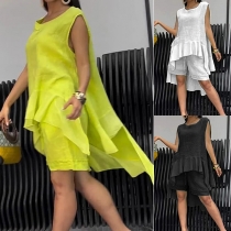 Casual Solid Color Two-piece Set Consist of High-low Hemline Shirt and Shorts