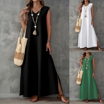 Fashion Solid Color V-neck Sleeveless Side Slit Maxi Dress