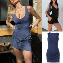 Fashion Solid Color U-neck Sleeveless Draped Ruched Bodycon Dress