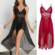 Fashion V-neck Lace Spliced Gauze Cross-criss Backless Nightwear Dress