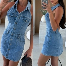 Fashion Stand Collar Sleeveless Front Button Old-washed Denim Dress