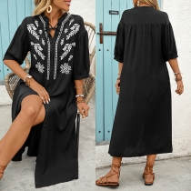 Fashion Floral Embroidery V-neck Elbow Sleeve Front Slit Dress