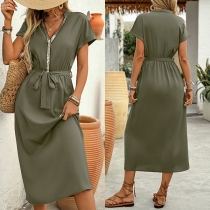 Fashion Sequined V-neck Short Sleeve Self-tie Dress