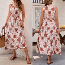 Fresh Style Floral Printed V-neck Sleeveless Dress
