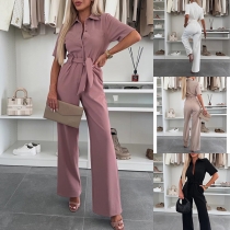 Fashion Solid Color Stand Collar Short Sleeve Front Button Self-tie Straight-cut Jumpsuit