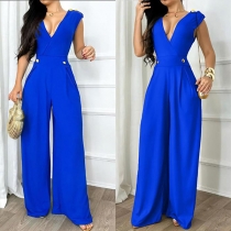 Fashion Solid Color V-neck High-rise Wide-leg Jumpsuit