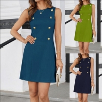 Elegant Double-breasted Crew Neck Sleeveless Bodycon Dress