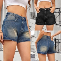 Fashion Mid-rise Old-washed Denim Shorts