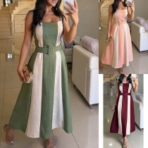 Fashion Contrast Color Square Neck Sleeveless Midi Dress with Belt