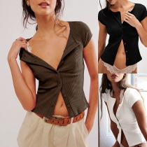 Fashion Solid Color Short Sleeve Front Button Ribbed Shirt
