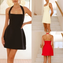 Sexy Solid Color Halterneck Mini Dress
