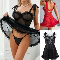 Cute Self-tie Shoulder Strap Sweetheart Neckline Ruffle Hemline Nightwear Dress