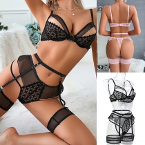 Sexy Half-Cup Lingerie Set - 3-Piece Hollow Mesh Design with Wave Pattern and Semi-Transparent Fabric