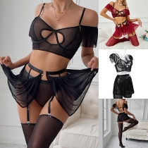 Off-Shoulder Sexy Heart Design Hollow Underwear Four-Piece Set