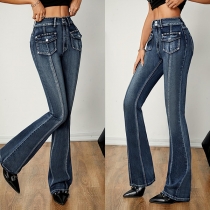 High Waist Straight Denim Elastic Slim Flared Trousers