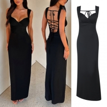Fashion Sweetheart Neckline Sleeveless Criss-cross Backless Maxi Dress