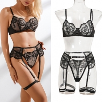 Black Mesh Hollow Transparent Sexy Lingerie Embroidery Sexy Lingerie Set