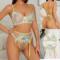 Sexy White Tulle 3-Piece Lingerie Set - Yellow and Blue Embroidery with See-Through Design and Steel Ring Suspenders