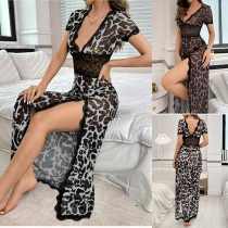 Fashion Lace Spliced V-neck Short Sleeve Backless Side Slit Nightwear Dress