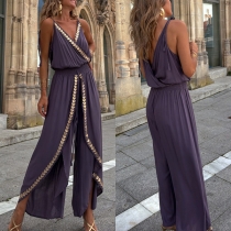 Web-Trimmed Waist V-Neck Loose Suspender Jumpsuit