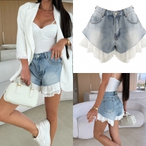 Straight-Leg Denim Shorts for Women - Lace Detailed, Relaxed Fit with Slimming Effect