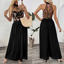 Elegant Sleeveless Floral Embroidered Gauze Bodice Spliced Pleated Wide-leg Jumpsuit