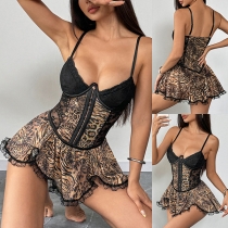 Leopard Print Lace Trimmed Button Skirt