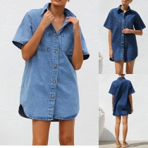 Fashion Stand Collar Short Sleeve Patch Pockets Denim Dress