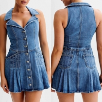 Fashion Notch Lapel Sleeveless Front Button Pleated Denim Dress