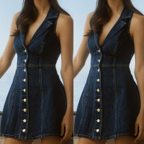 Fashion Notch Lapel Sleeveless Front Button Old-washed Denim Dress