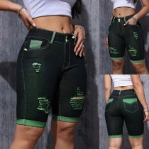 Fashion Distressed High-rise Old-washed Denim Shorts