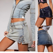 Fashion Front Button Low-rise Old-washed Denim Mini Skirt