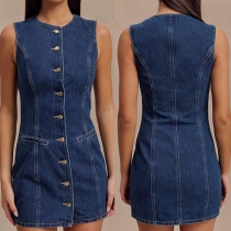 Fashion Crew Neck Sleeveless Front Button Old-washed Denim Dress