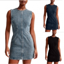Fashion Crew Neck Sleeveless Cinch Waist Old-washed Denim Dress